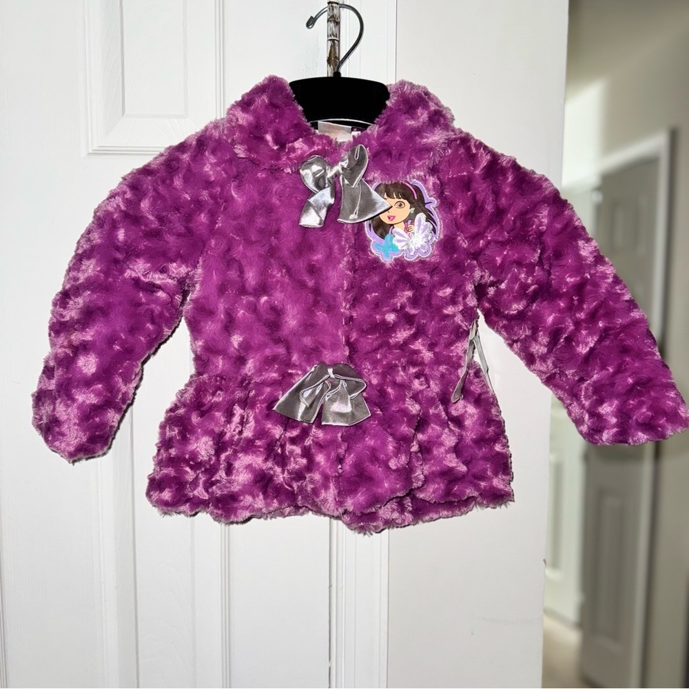 NICKELODEON Dora & Friends Girls 3T Purple Faux Fur Sparkle Jacket Coat Bows NWT